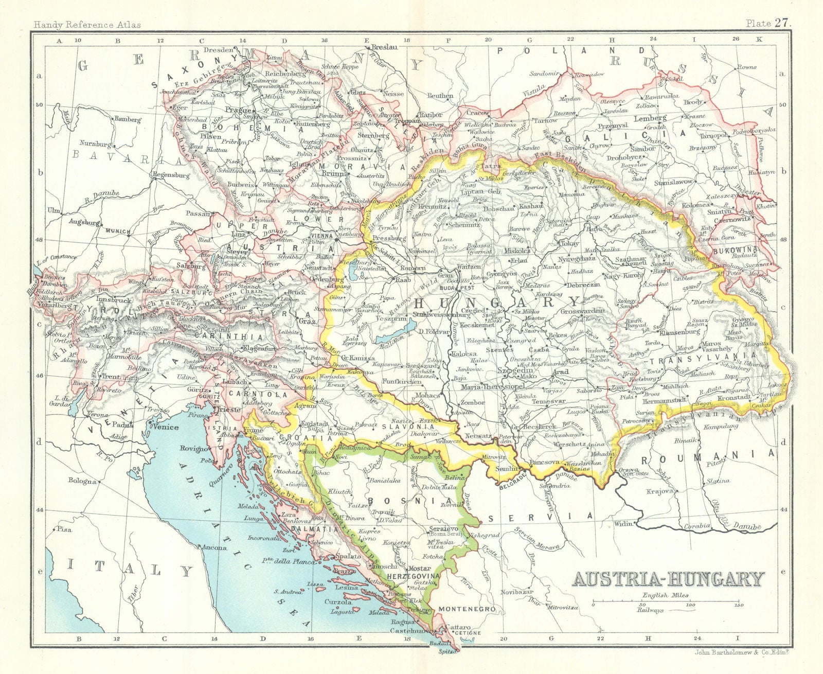 Austria-Hungary. Bosnia Croatia. BARTHOLOMEW 1909 old antique map plan chart